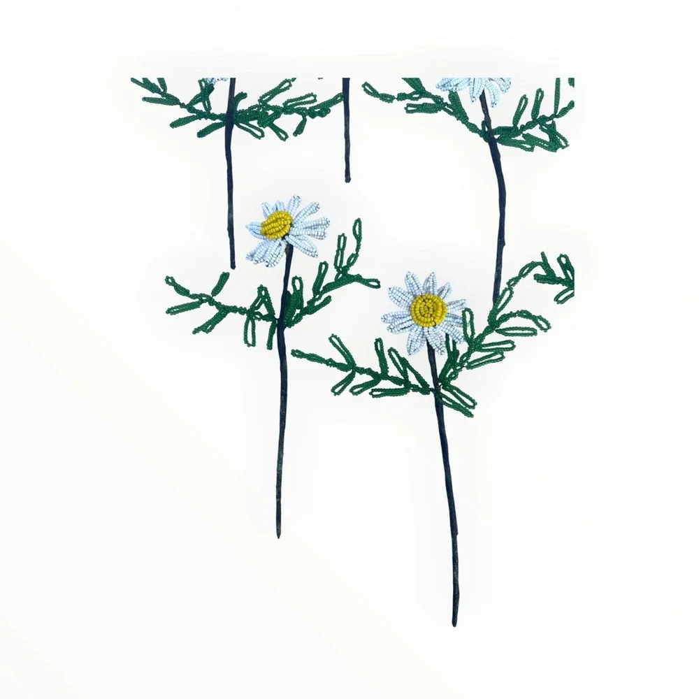 Vintage French Beaded Daisy Flowers 11 Stems Seed Bead Handmade Floral Decor